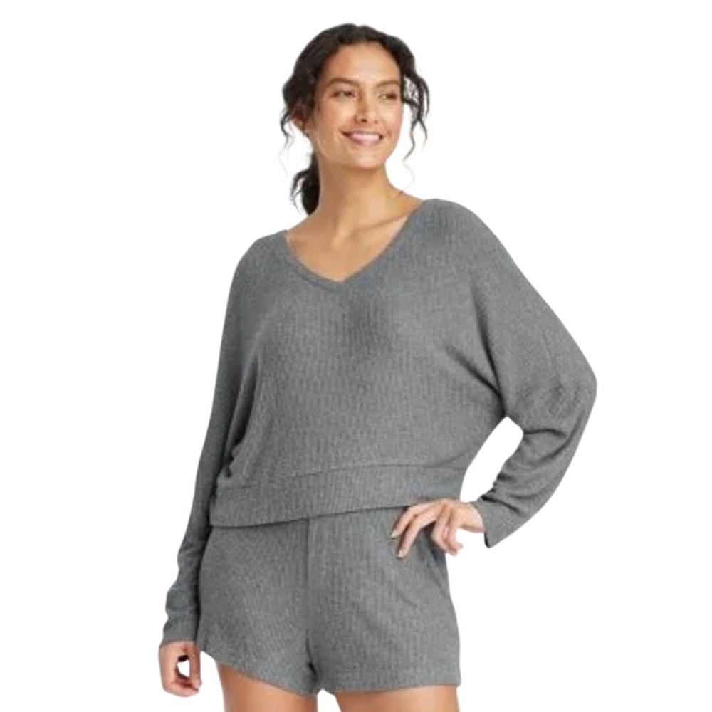 Auden Women's Gray Reversible V-Neck Ribbed Long Sleeve Sleep Top Size XXL